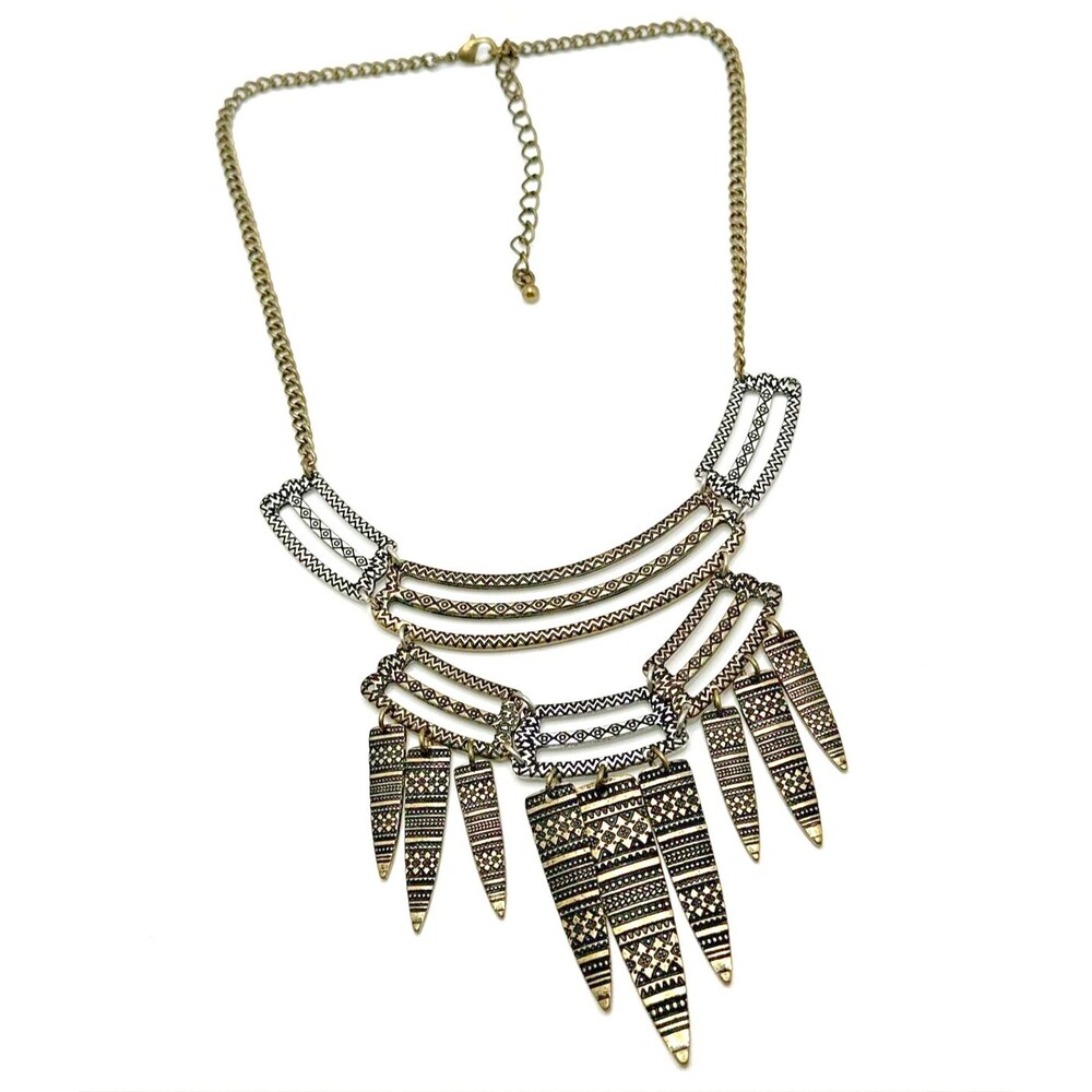 Vintage MUDD Tribal Bib Necklace Silver Bronze Tone Mixed Metal Boho Statement